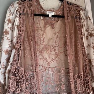 Umgee Boho Lace Kimono Cardigan Embroidered Mesh Cream and Brown Small